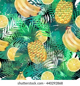 Seamless tropical pattern with bananas, lemons palm leaves and pineapples. Summer exotic endless texture, wallpaper, background.