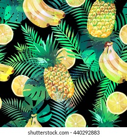 Seamless tropical pattern with bananas, lemons palm leaves and pineapples. Summer exotic endless texture, wallpaper, background.