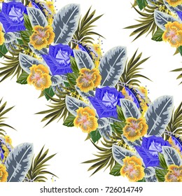 Seamless tropical pattern with beautiful blue roses and hibiscuses. Flower background for textile, cover, wallpaper, gift packaging, printing.Romantic design for calico, silk.