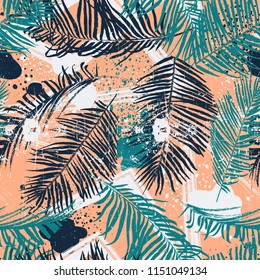 Seamless tropical pattern. Beautiful exotic abstract allover design. Palm leaves of different shapes for fashion, interior, stationery, web.