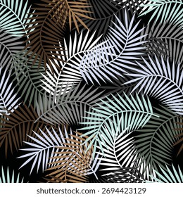 Patrón tropical sin fisuras. Hermoso diseño abstracto allover exótico. Hojas de palma de diferentes Formas sobre fondo oscuro, para la moda, interior, papelería, Web.