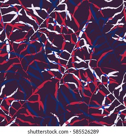 Seamless tropical pattern. Beautiful exotic abstract allover design. Palm leaves of different shapes on dark background, for fashion, interior, stationery, web.