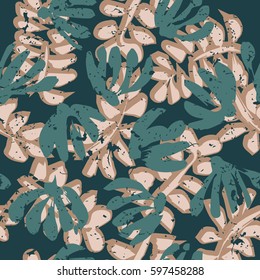 Seamless tropical pattern. Beautiful exotic abstract allover design. Palm leaves of different shapes on dark background, for fashion, interior, stationery, web