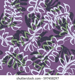 Seamless tropical pattern. Beautiful exotic abstract allover design. Palm leaves of different shapes on dark background, for fashion, interior, stationery, web