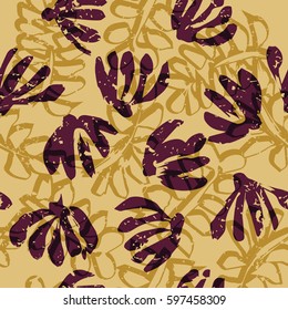 Seamless tropical pattern. Beautiful exotic abstract allover design. Palm leaves of different shapes on dark background, for fashion, interior, stationery, web