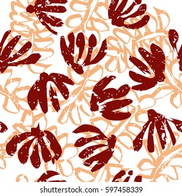 Seamless tropical pattern. Beautiful exotic abstract allover design. Palm leaves of different shapes on dark background, for fashion, interior, stationery, web