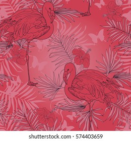 Seamless tropical pattern with beautiful flamingo, vector illustration