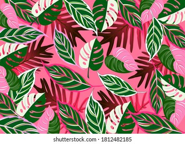 Seamless tropical pattern with beautiful leaves on pink background