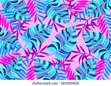Seamless tropical pattern with beautiful leaves on pink background