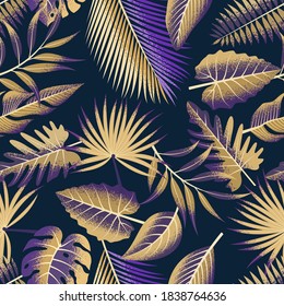 Seamless tropical pattern with beautiful leaves on dark background.
