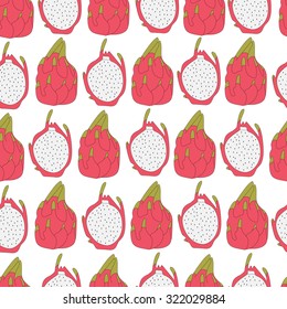 Seamless tropical pattern with beautiful  sliced white dragon fruit. Pitaya seamless pattern. Hand drawn illustration made in Vector.