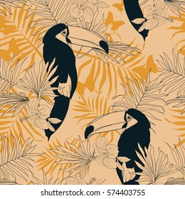 Seamless tropical pattern with beautiful toucans, vector illustration