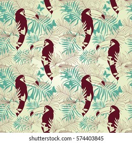 Seamless tropical pattern with beautiful toucans, retro palette, vector illustration