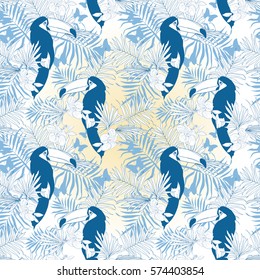 Seamless tropical pattern with beautiful toucans, white and blue colors, vector illustration
