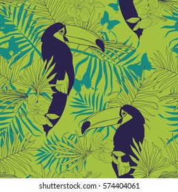 Seamless tropical pattern with beautiful toucans, green color, vector illustration