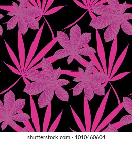 Seamless Tropical Pattern With Big Palm Leaves On Black Background. Hand Drawn Jungle Texture In Zentangle Style. Ornate Seamless Background for Print, Interior, Wallpaper, Swimwear. Vector.