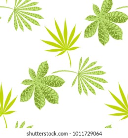 Seamless Tropical Pattern With Big Palm Leaves On Black Background. Hand Drawn Jungle Texture In Zentangle Style. Ornate Seamless Background for Print, Interior, Wallpaper, Swimwear. Vector.