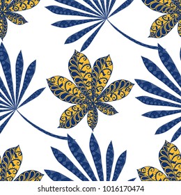Seamless Tropical Pattern With Big Palm Leaves On Black Background. Hand Drawn Tropic Texture In Zentangle Style. Ornate Seamless Background for Print, Interior, Wallpaper, Swimwear.