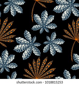 Seamless Tropical Pattern With Big Palm Leaves On Black Background. Hand Drawn Tropic Texture In Zentangle Style. Ornate Seamless Background for Print, Interior, Wallpaper, Swimwear.