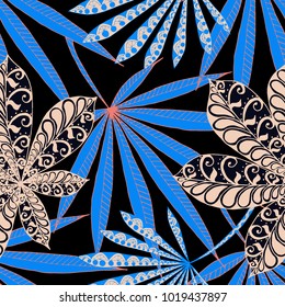 Seamless Tropical Pattern With Big Palm Leaves On Black Background. Hand Drawn Rainforest Texture In Zentangle Style. Ornate Seamless Background for Print, Interior, Wallpaper, Swimwear. Vector.