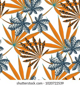 Seamless Tropical Pattern With Big Palm Leaves On White Background. Hand Drawn Rainforest Texture In Zentangle Style. Ornate Seamless Background for Print, Interior, Wallpaper, Swimwear. Vector.