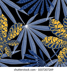 Seamless Tropical Pattern With Big Palm Leaves On Black Background. Hand Drawn Rainforest Texture In Zentangle Style. Ornate Seamless Background for Print, Interior, Wallpaper, Swimwear. Vector.