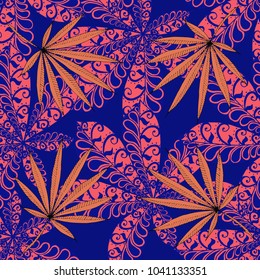 Seamless Tropical Pattern With Big Palm Leaves On Black Background. Hand Drawn Tropic Texture In Zentangle Style. Ornate Seamless Background for Print, Interior, Wallpaper, Swimwear.
