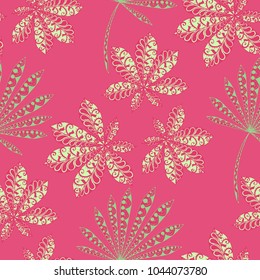Seamless Tropical Pattern With Big Palm Leaves for Summer Design. Hand Drawn Rainforest Texture In Zentangle Style. Ornate Seamless Background for Print, Interior, Wallpaper, Swimwear. Vector.