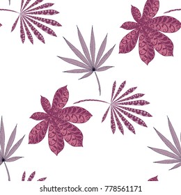 Seamless Tropical Pattern With Big Palm Leaves On White Background. Hand Drawn Jungle Texture In Zentangle Style. Ornate Seamless Background for Print, Interior, Wallpaper, Swimwear.