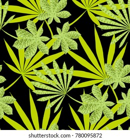 Seamless Tropical Pattern With Big Palm Leaves On Black Background. Hand Drawn Jungle Texture In Zentangle Style. Ornate Seamless Background for Print, Interior, Wallpaper, Swimwear. Vector.