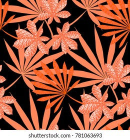 Seamless Tropical Pattern With Big Palm Leaves On Black Background. Hand Drawn Rainforest Texture In Zentangle Style. Ornate Seamless Background for Print, Interior, Wallpaper, Swimwear. Vector.