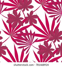 Seamless Tropical Pattern With Big Palm Leaves On Black Background. Hand Drawn Jungle Texture In Zentangle Style. Ornate Seamless Background for Print, Interior, Wallpaper, Swimwear. Vector.