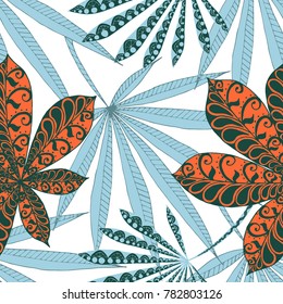 Seamless Tropical Pattern With Big Palm Leaves On Black Background. Hand Drawn Jungle Texture In Zentangle Style. Ornate Seamless Background for Print, Interior, Wallpaper, Swimwear.
