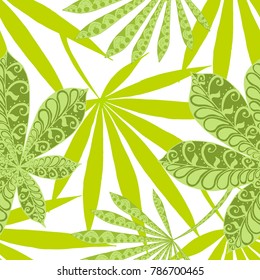 Seamless Tropical Pattern With Big Palm Leaves On White Background. Hand Drawn Jungle Texture In Zentangle Style. Ornate Seamless Background for Print, Interior, Wallpaper, Swimwear. Vector.