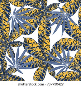 Seamless Tropical Pattern With Big Palm Leaves On Black Background. Hand Drawn Rainforest Texture In Zentangle Style. Ornate Seamless Background for Print, Interior, Wallpaper, Swimwear. Vector.