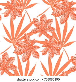 Seamless Tropical Pattern With Big Palm Leaves On White Background. Hand Drawn Jungle Texture In Zentangle Style. Ornate Seamless Background for Print, Interior, Wallpaper, Swimwear.