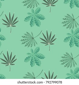 Seamless Tropical Pattern With Big Palm Leaves On White Background. Hand Drawn Jungle Texture In Zentangle Style. Ornate Seamless Background for Print, Interior, Wallpaper, Swimwear. Vector.