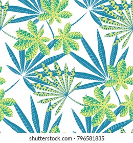 Seamless Tropical Pattern With Big Palm Leaves On Black Background. Hand Drawn Tropic Texture In Zentangle Style. Ornate Seamless Background for Print, Interior, Wallpaper, Swimwear. Vector.