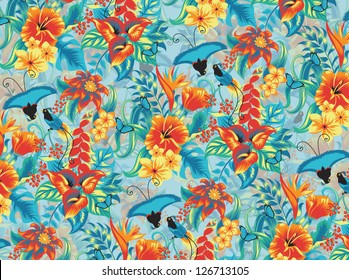 Seamless tropical pattern with birds.