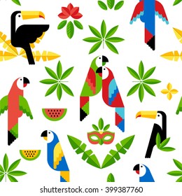 Seamless tropical pattern with birds. Vector. Toucan and parrots.