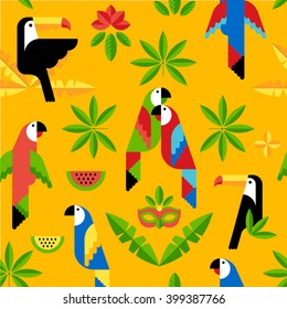 Seamless tropical pattern with birds. Vector. Toucan and parrots.