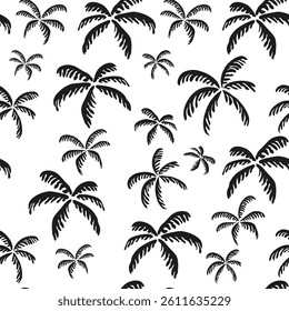Seamless tropical pattern with black palm trees on white background. Ideal for summer apparel, beach decor, travel branding, packaging, and web backgrounds. Vector illustration