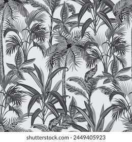 Seamless tropical pattern. Black and White Palm trees, leaves.