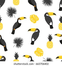 Seamless tropical pattern in black and yellow colors. Vector background with toucans, pineapples and palm leaves.