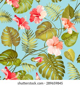 Seamless tropical pattern. Blossom flowers for seamless pattern background. Vector illustration.