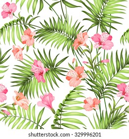 Seamless tropical pattern. Blossom flowers for seamless pattern background. Beautiful tropical flowers. Tropical flower garland isolated over white background. Vector illustration.