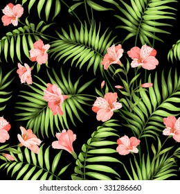 Seamless tropical pattern. Blossom flowers for seamless pattern background. Beautiful tropical flowers. Tropical flower garland isolated over black background. Vector illustration.