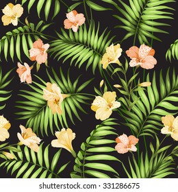 Seamless tropical pattern. Blossom flowers for seamless pattern background. Beautiful tropical flowers. Tropical flower garland isolated over black background. Vector illustration.