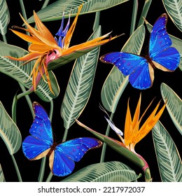 Seamless tropical pattern with blue butterfly, flowers and leaves of Strelitzia Reginae. Realistic style, neon colors. Exotic flowers, called the bird of paradise. Stock vector illustration.