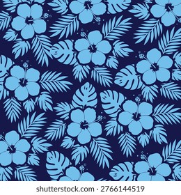Seamless Tropical Pattern with Blue Hibiscus Flowers and Leaves